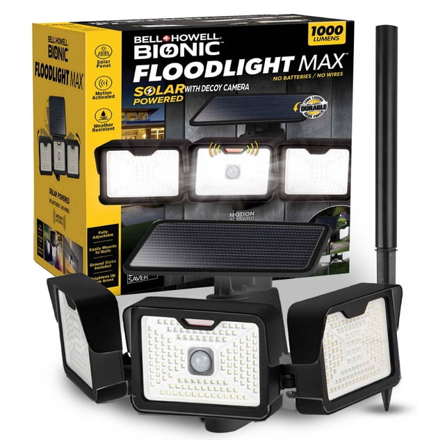 Bell + Howell Bionic Floodlight Max Solar Powered 1000 Lumens Motion Sensor Outdoor Security Light with Stake and Wall Mount. Features three adjustable LED panels for wide illumination, a built-in decoy security camera, and motion detection up to 23 feet. Weather-resistant design suitable for all seasons. Includes mounting hardware and ground stake for easy installation without wires or batteries. Ideal for yards, driveways, porches, and gardens.