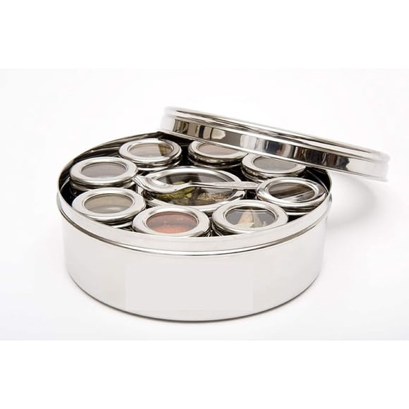King International Stainless Steel Indian spice box, Indian Masala See Through Spice Shakers, masala box, steel masala dabba, Spice organizer with 9 Masala Container For Kitchen Use (Shakers Lid)