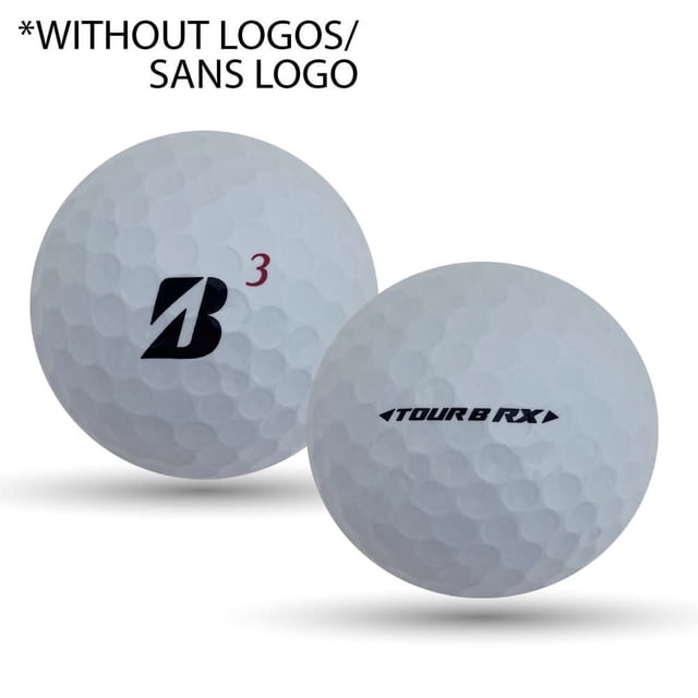 Mulligan - 48 Bridgestone Tour B RX/RXS 5A Presque/4A Recyclées Balles de Golf Usagées, Blanches Montrant Deux Balles de Golf Blanches à Bosses, l'Une avec un logo Bridgestone « B » Noir et un Numéro Rouge 3, l'Autre Marquée « Tour B RX » en Noir, les Deux Sans logos Supplémentaires, Convenant au Jeu de Golf Écoresponsable et à Tous les Niveaux d'Adhérence, Souvent Utilisées pour des Rondes d'Entraînement.