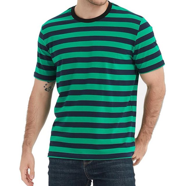 LEFU Chemises Décontractées Homme Manches Courtes Rayé Vert Blanc Polyester T-Shirt Été Vacances Voyage Chandail de Base Col Rond (L)