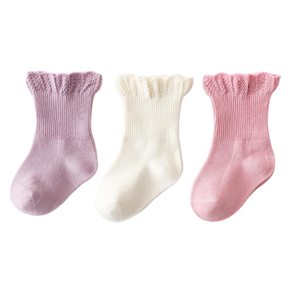 Chaussettes pour Bébés Filles, Lot de 3, Bord Ondulé à Volants, Revers, Chaussettes à la Cheville, Tout-Petits, Nourrissons