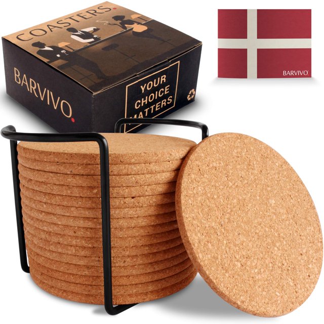 Barvivo Classic 16 Pc Cork Coasters with Holder, designed for drinks, coffee, and table tops. The set includes 16 natural cork coasters, offering slide resistance and protection for wood, glass, and marble surfaces. The coasters are neatly stored in a black metal holder, with Barvivo packaging visible in the background, making it a stylish and functional addition to any home or a thoughtful gift for special occasions.