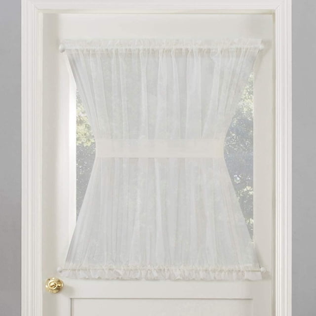 SUN TEXTILE voile rod pocket door panel curtain in sheer white voile fabric with rod pockets and a matching tie-back cinching the middle, gently filtering light while enhancing privacy on a white door, ideal for entryways or patio doors.