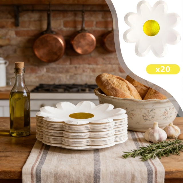 Assiette en Papier Tournesol Blanc Feuille d'Or Estampée Assiettes en Papier Jetables Forme Irrégulière Fournitures de Fête Ensemble de Décorations (20 Pcs) Rkxzt