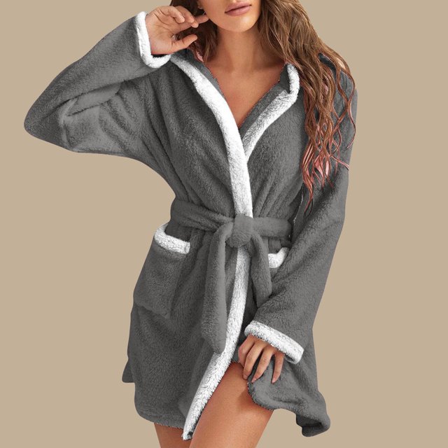 RXIRUCGD Mode Femmes Décontracté Uni Manches Longues Dames Ample Poche Garder au Chaud Peignoirs Faux Velours Tenue de Nuit Robe Chemises de Nuit( Gris, Taille:TG )