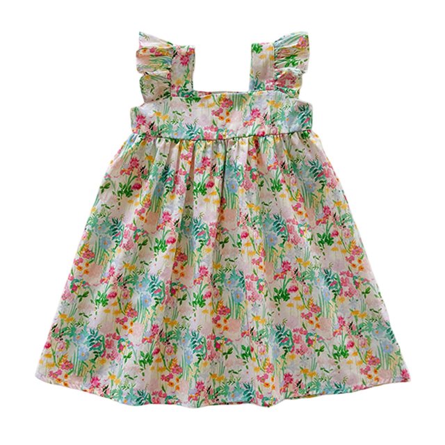 MEZZALL Robe à Manches Volantées pour Tout-Petites Filles, Imprimés de Fleurs Colorées, Robe de Danse et de Fête, 18-24 Mois, Jolie Robe d'Été pour Enfants