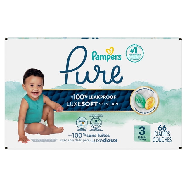 Pampers Pure Baby Diapers Size 3 (16-28 lbs) pack of 66 disposable diapers featuring LockAway Core for up to 100% leakproof protection, vitamin-enriched liner for skin care, wider wetness indicator, and hypoallergenic formula free of fragrance, chlorine, parabens, and latex.
