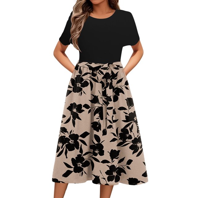 Ovzne Robes d'Été pour Femmes 2025 Robe de Plage Mode pour Dames Femmes Robe à Manches Courtes à Col Rond Robes Imprimées Poche Grande Taille Robe Maxi à Manches Courtes Imprimée Liquidation
