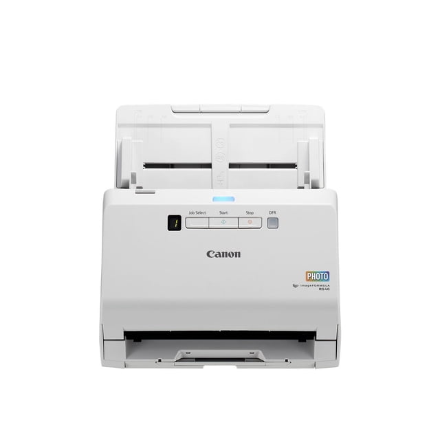 Canon ImageFORMULA RS40 photo and document scanner in white, front-facing with open automatic feeder tray, control buttons for Job Select, Start, Stop, and DFR, Canon logo and PHOTO label visible, designed for high-resolution colour and greyscale scanning with USB 2.0 connectivity, suitable for digitizing photos and documents efficiently.