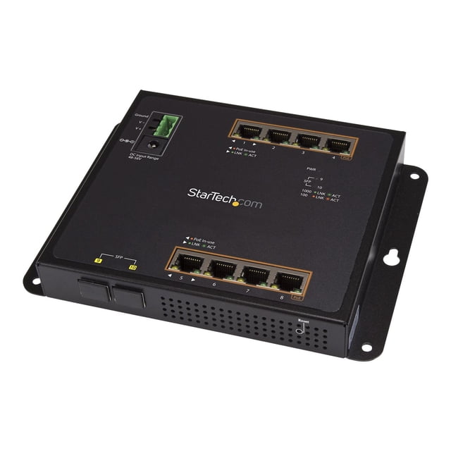 StarTech.com Industrial 8 Port Gigabit PoE+ Switch with 2 SFP MSA Slots, 30W, Layer/L2 Switch Hardened GbE Managed, Rugged High Power Gigabit Ethernet Network Switch IP-30/-40 C to 75 C - Managed Network Switch (IES101GP2SFW) - Switch - managed - 8 x 10/100/1000 (PoE+) + 2 x SFP - DIN rail mountable, wall-mountable - PoE+ (200 W) - for P/N: GLCLHSMDSTTA, GLCSXMMDST, GLCSXMMDSTT, GLCTEST, MASFP1GBTXST, SFP1GELXST