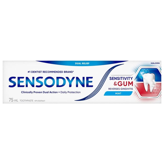Sensodyne Sensitive Toothpaste for Relief from Sensitive Teeth & Improved Gum Health, Fluoride Toothpaste, Mint Flavour 75ml front-facing white squeeze tube with blue Sensodyne logo, 75ml marking and mint graphic, flip-top cap visible on plain white background; often used as a mild household polish for small metal items.