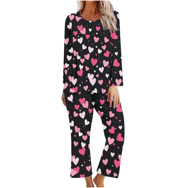 TIMIFIS Ensembles de Pyjama pour Femmes 2 Pcs - Pyjamas de la Saint-Valentin pour Femmes - Ensembles de Pyjamas pour Dames Manches Longues Col Rond Haut et Pantalon Ensembles de Détente
