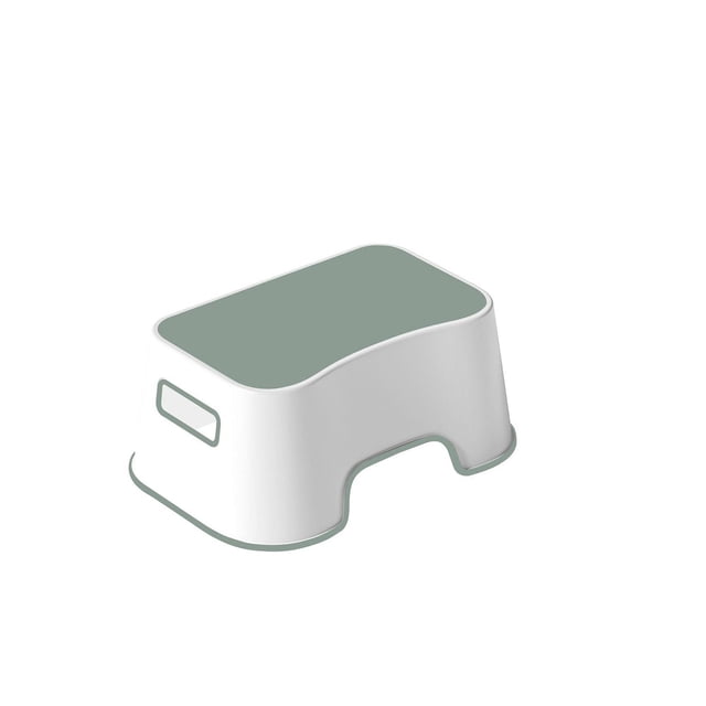 Ms Kids Green/White Stool with a rectangular shape, green non-slip top, white plastic body with rounded safety edges and anti-skid feet, featuring a side handle, suitable for children aged 3-7, ideal for kitchen, bathroom, or playroom use and often used as a step stool for reaching counters.