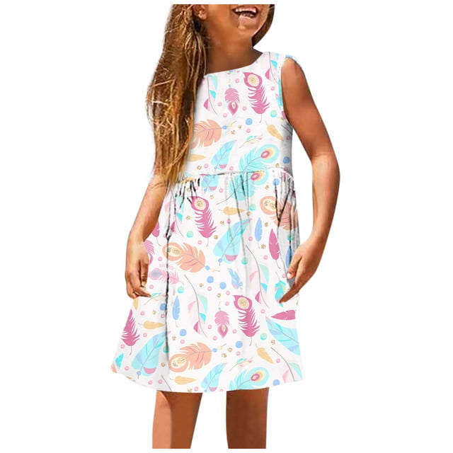 PMVFHDE Robe Florale Printemps Été pour Filles / Col Rond Sans Manches Tenue Décontractée / Tenue Légère pour Fête pour Tout-Petits à Préadolescents 6vert,11-12