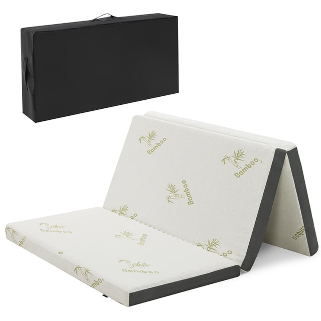 Gymax FULL 3'' Tri-fold Memory Foam Floor Mattress Topper Portable w/ Carrying Bag. This white tri-fold mattress features a bamboo-patterned cover, designed with a 3-layer memory foam system for comfort and support. The mattress is shown partially unfolded, highlighting its versatility for use as a bed, lounger, or extra seating. A black carrying bag is included for easy storage and portability.