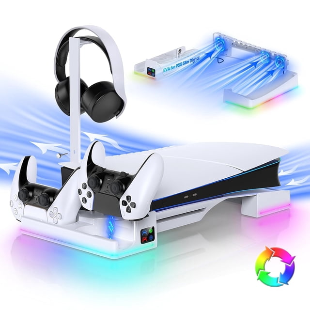 RGB Horizontal Stand and Automatic Cooling Station for PS5 PRO and PS5 Slim, a gaming accessory with dual controller charging docks, 14 RGB light modes, and a removable headphone stand. Exclusively compatible with PS5 PRO Digital and PS5 Slim Disc Digital Edition consoles, it features an automatic fan cooling system with adjustable speeds and LED indicators for controller charging status. Ideal for enhancing PlayStation 5 setups with dynamic lighting and organized accessory storage.