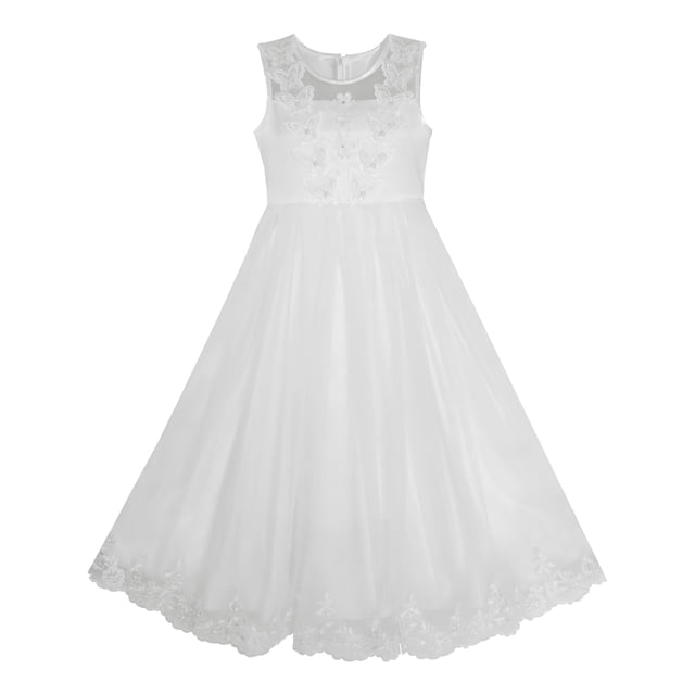 Flower Girls Dress Lace Hem Butterfly Wedding First Communion 7 Years