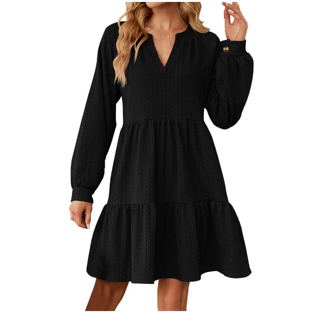 EQWLJWE Liquidation d'Économies d'Été! Robe Décontractée pour Femme Couleur Unie à Manches Longues Col en V Ourlet Plissé Robe d'Automne Longueur Genou Robes d'Été 2023