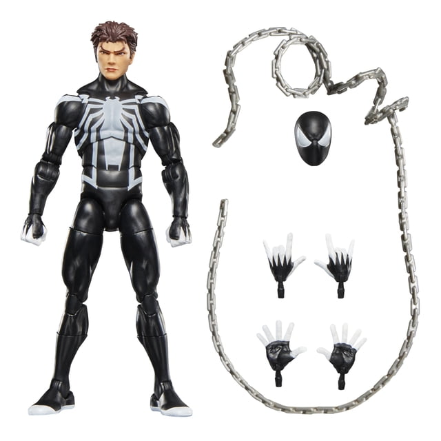 Marvel Legends Series Spider-Venom Retro Cardback Spider-Man Comics Action Figure with 6-inch articulated black and white spider suit figure, alternate masked head, two pairs of thwip and wall-crawling hands, and silver chain accessory, displayed on white background for posing and collection.