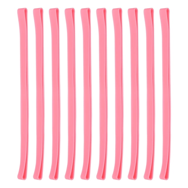 Unique Bargains 8' Large Elastic Rubber Bands, 10 Pcs Big Silicone Rubber Bands Strap, Pink. A set of ten pink silicone rubber bands, each with a folded length of 8 inches and a width of 0.4 inches. These durable and elastic bands can stretch up to 16.1 inches, making them suitable for bundling books, containers, trash cans, and office supplies. Ideal for home, office, and classroom use.