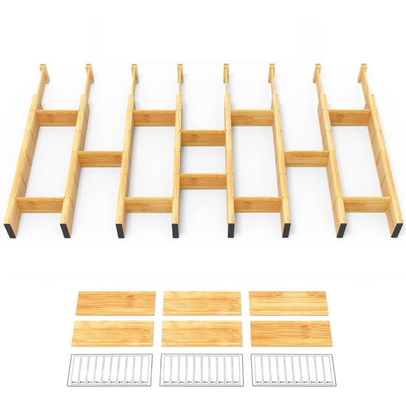 SpaceAid Bamboo Drawer Dividers with Inserts and Labels, Kitchen Adjustable Drawer Organizers, Expandable Organization for Home,