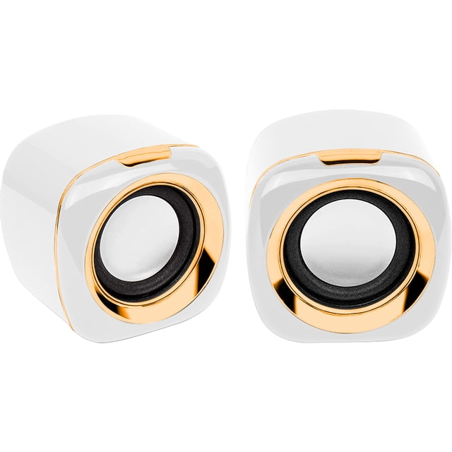 Computer speakers with a 5W power output, featuring a compact design in white with gold accents. These USB-powered speakers are compatible with desktops, laptops, and gaming setups. They include a 3.5mm audio interface and deliver clear stereo sound with a frequency response of 40-18 kHz. The speakers are shown in a front-facing view, highlighting their sleek and modern design.