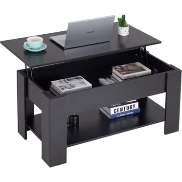 FDW Lift Top Coffee Table with Hidden Compartment and Storage Shelf, Black