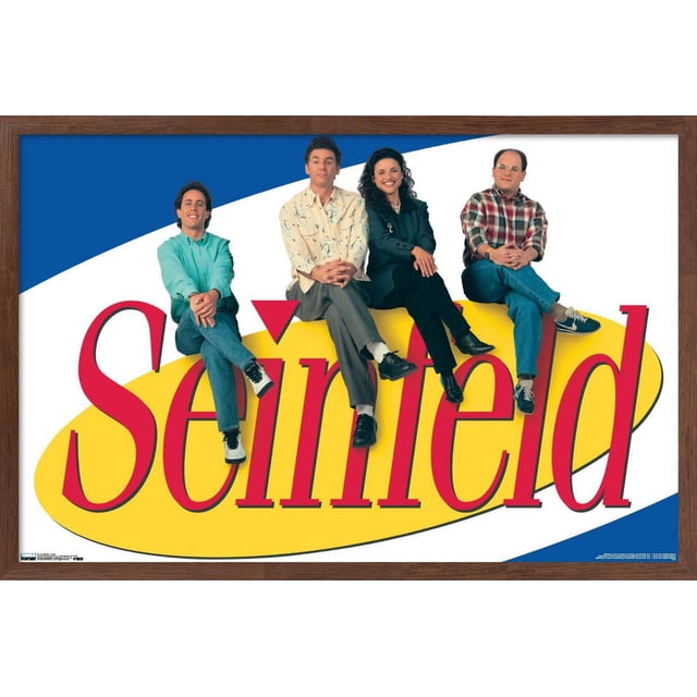Seinfeld - Affiche Murale avec Logo, 22,375 Po x 34 Po Mettant en Vedette Quatre Personnes Assises Positionnées sur le Grand Texte Rouge « Seinfeld » sur un Fond Ovale Jaune avec accents Bleus et Blancs, Encadrée en Bois Brun, Idéale pour la Décoration Murale de la Maison Ou du Bureau.