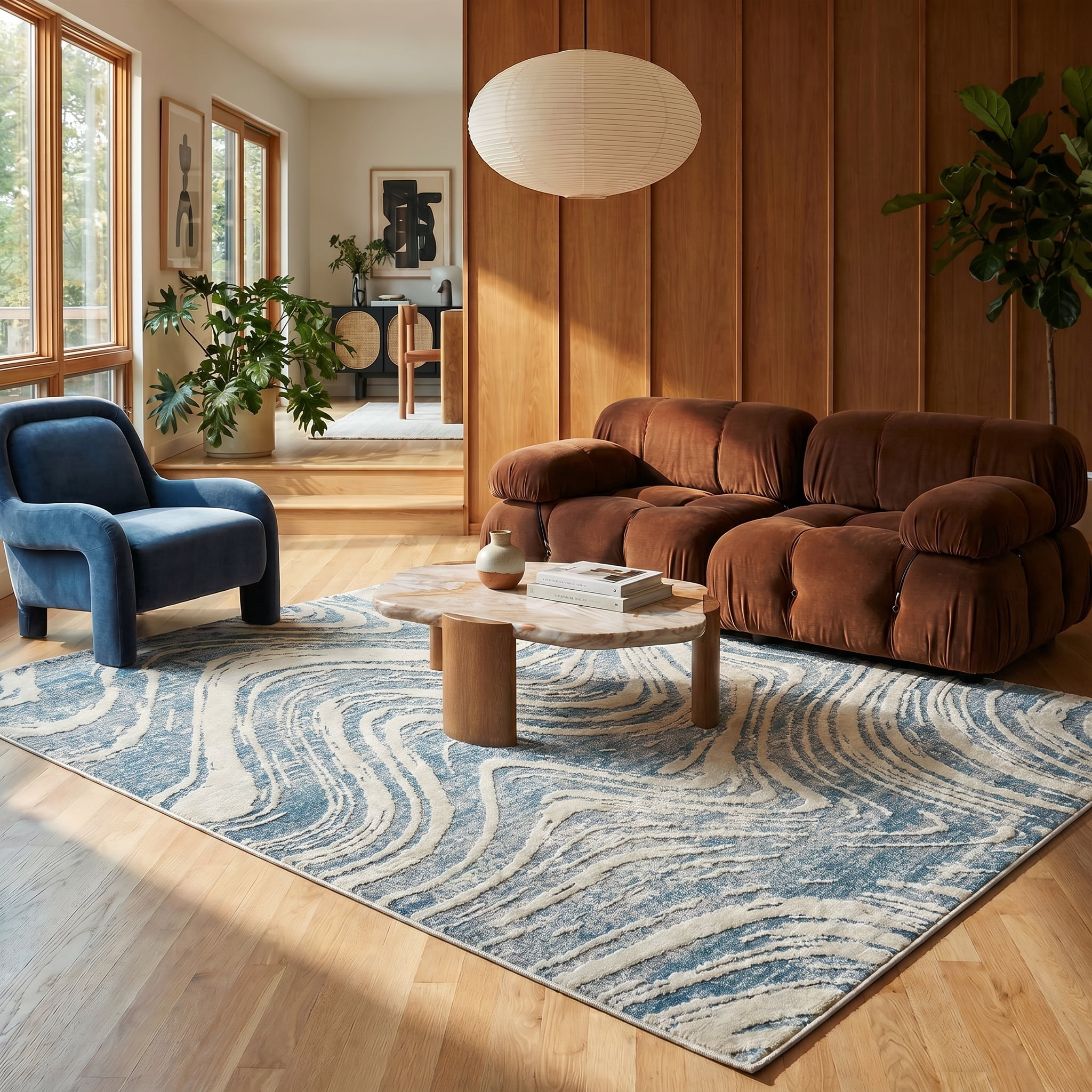 Tapis d'interieur abstrait Rug Branch Nomad, bleu beige, cotier - Salon, chambre, salle a manger et cuisine