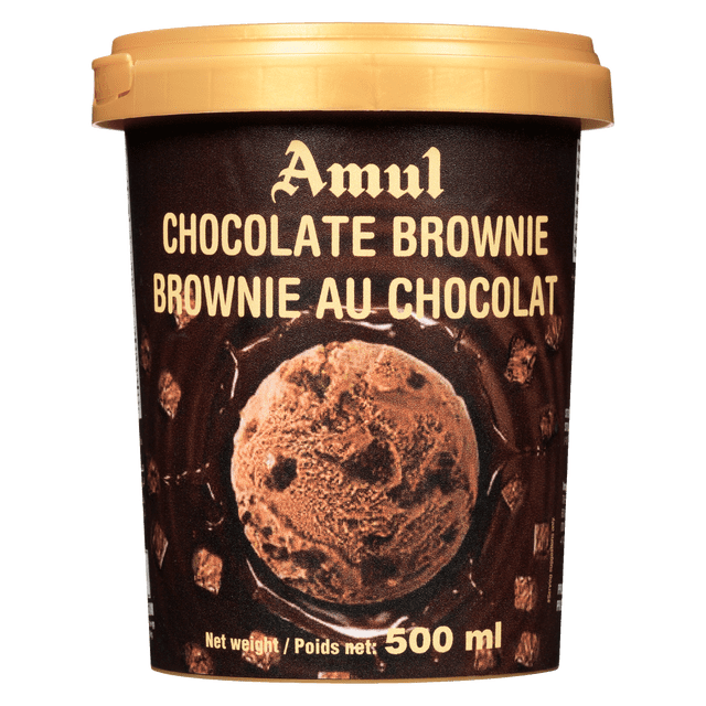 Chocolate Brownie ice cream tub by Amul with a golden lid, showing a front-facing view of a chocolate brownie scoop on the label, 500 ml frozen dessert blending real milk and rich Amul chocolate, suitable for a creamy treat.
