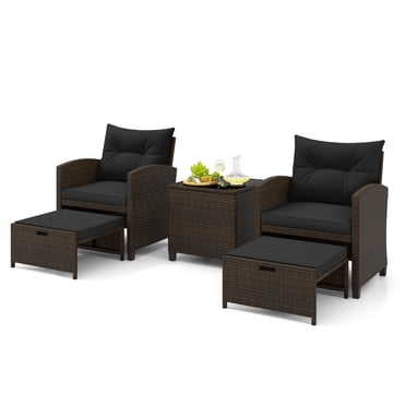 Costway Ensemble de 5 Pcs en Rotin pour Patio avec 2 Ottomans et Table Basse en Verre Trempé Noir