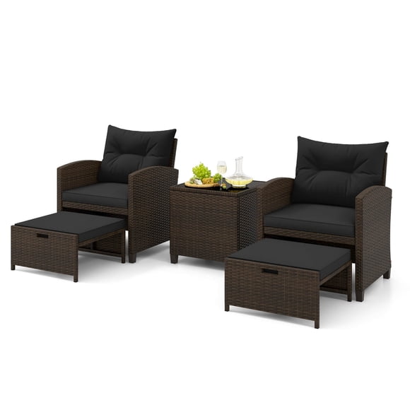 Costway 5 PCS Patio Rattan Furniture with 2 Wicker Ottomans & Tempered Glass Coffee Table Navy