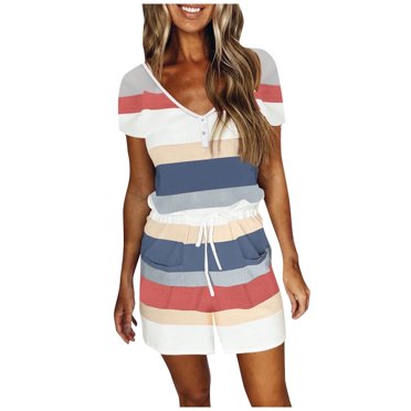 Lovskoo Combinaisons d'Été pour Femmes Tendance Manches Courtes Combinaisons Imprimées Poches Bretelles Spaghetti Combinaisons Femmes Bleu