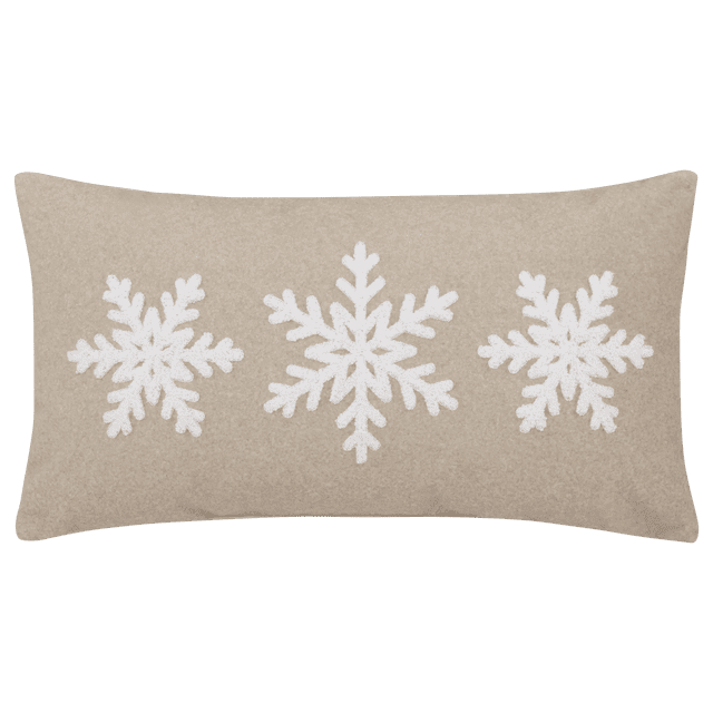 Bouclair Leanie Snowflake Decorative Pillow in beige boucle fabric with three white snowflake designs on a soft rectangular 12x22 inch cushion, perfect for adding festive seasonal style and cozy comfort to indoor Christmas decorations.