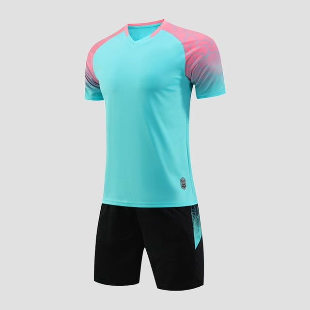 hengsof Ensemble de Maillot de Football à la Mode pour Enfants, Haut à Manches Courtes Col Ras du Cou, Short à Taille Élastique Tenue de Sport, Confortable Respirant Absorbant la Sueur Séchage Rapide Uniforme de Sport Deux Pièces