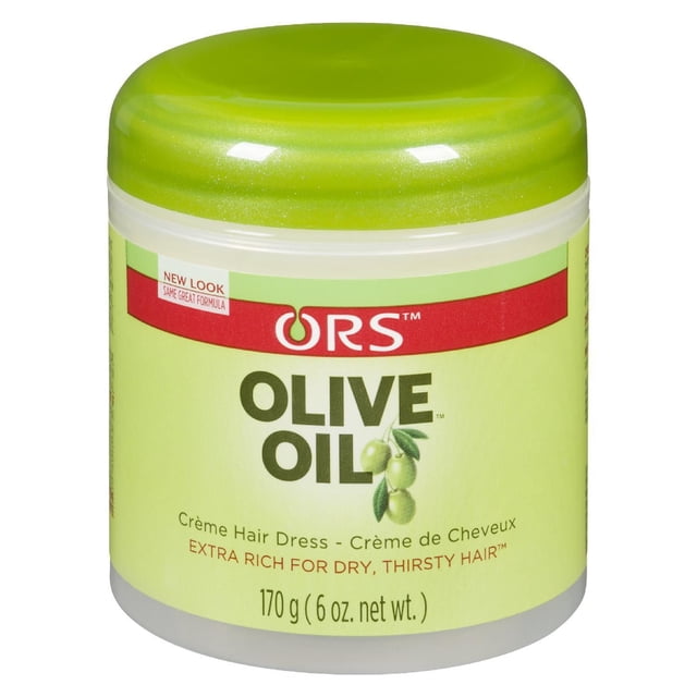 ORS Olive Oil Creme Hair Dress, a 170g (6 oz) Hair styling cream designed to restore natural moisture balance for dry, Shirsty Hair. The jar Featuring a green lid and label with Olive graphics and branding details.