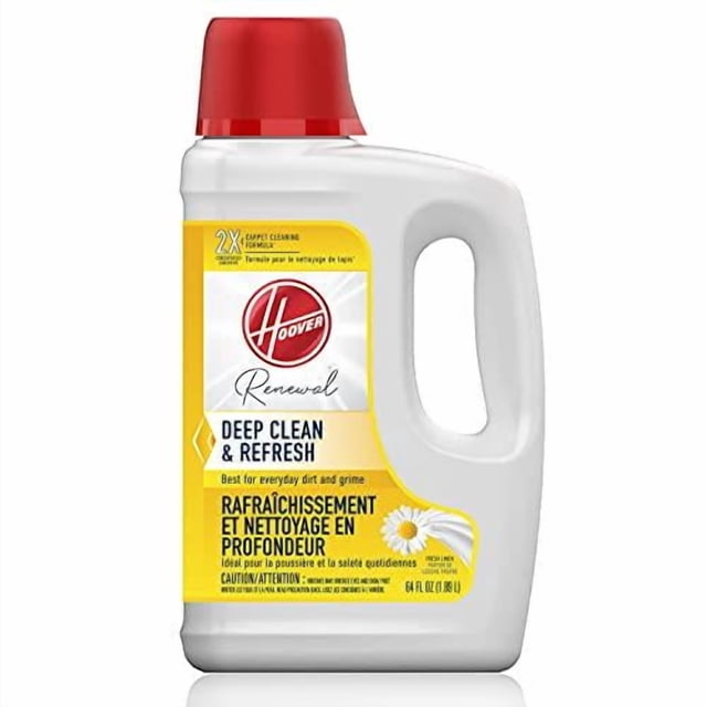 HOOVER® Deep Clean & Refresh Carpet Cleaning Formula UDC in a white plastic jug with red cap and handle, featuring a yellow label with Hoover logo and product info, 64 fl oz concentrated formula for deep cleaning carpets, upholstery, and car interiors with fresh linen scent.