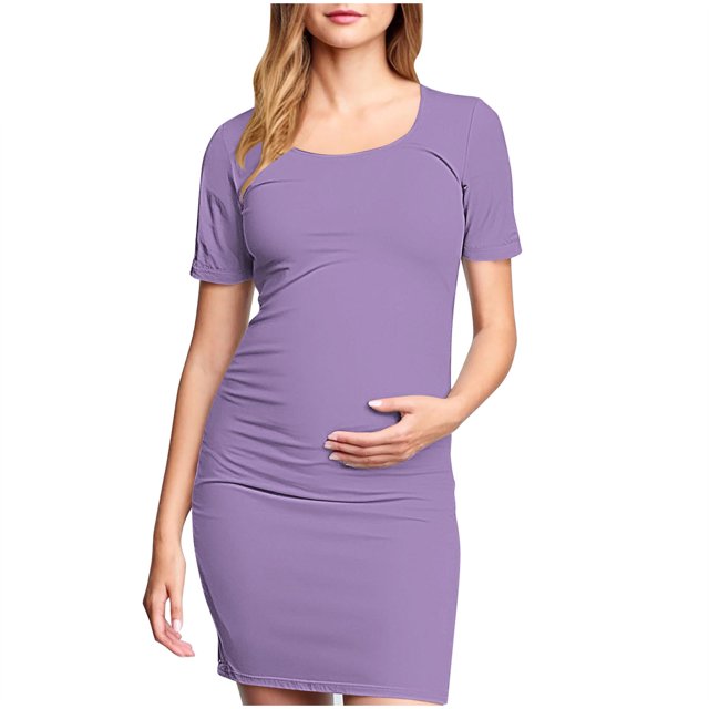 yoeyez Liquidation de Vêtements de Maternité Robe Grande Taille Femme Manches Courtes Col Rond Robe Simple Shower de Bébé Tenue Quotidienne Robe Soleil Robe Moulante Froncée Midi Robes Ajustées Violet,G