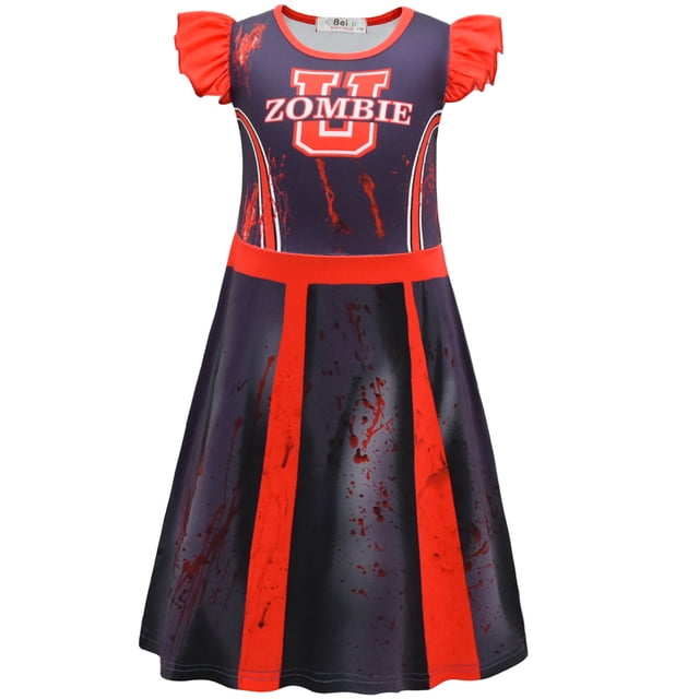 Kids Girls Halloween Skull Cheer Leader Costume Flutter Sleeve Dance Dress Rooter Team Uniform