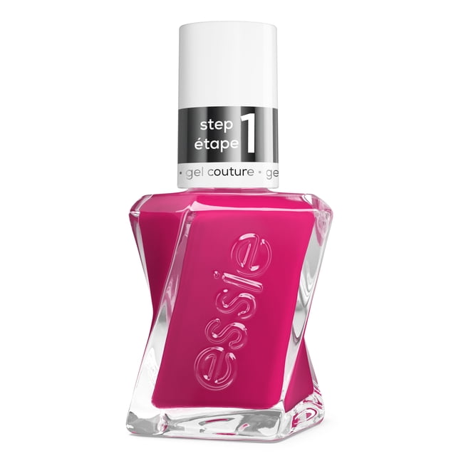 gel couture by essie gel-like longwear nail polish in vibrant pink, in a twisted clear glass bottle with embossed essie logo and white cap labeled step 1, providing up to 15 days of gel-like wear without UV light, vegan 8-free formula ideal for long-lasting nail colour