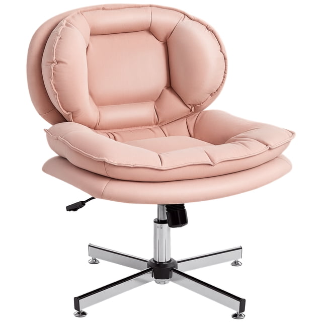 HOMCOM Chaise de Bureau à Croisillons, Chaise de Bureau Grand Sans Accoudoirs en Rose, Conçue pour s'Asseoir en Tailleur avec un Siège Rembourré Doté d'Un Rembourrage en Coton Style Poupée à Double Niveau. Fabriquée en Tissu leathaire Respirant, Hauteur Réglable, Fonction de Balancement Douce et Sans Roues. base en Métal Électroplaquée avec Pieds Antidérapants et Fonction de Pivotement à 360 Degrés. Convient aux Sièges Décontractés dans les Bureaux à Domicile.