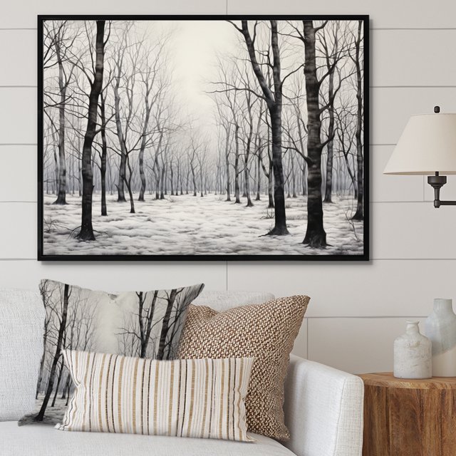 Designart Trees Oversized framed wall art decor, Tree black framed wall art, Grey Forest Woods , Grey Traditional black framed wall art, 20x12 inches black frame