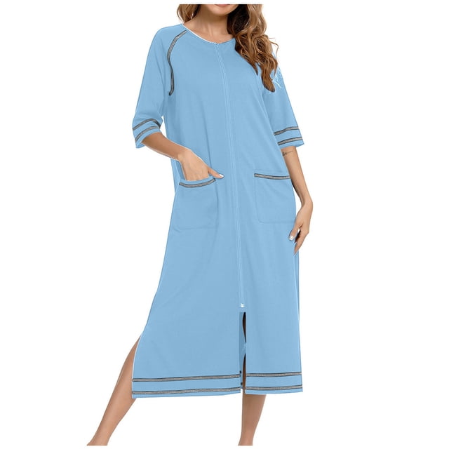 Besolor Robe de Nuit à Fermeture Éclair pour Femme, Col Ras du Cou, Manches 3/4, Peignoir, Robe de Chambre avec Poches, Vêtement de Nuit, P-2TG