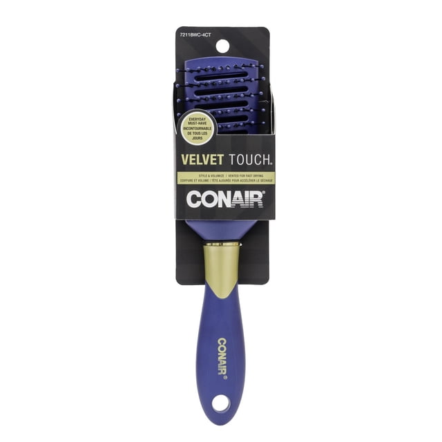Conair Velvet Touch Vent Brush with blue vented head and ball-tipped nylon bristles for gentle detangling and fast drying, featuring an ergonomic blue handle with gold accent and Conair logo, in black branded packaging suitable for all hair types and textures.