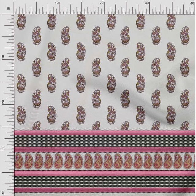 Soimoi Poly Georgette Fabric Stripe,Paisley & Peacock Panel Printed Fabric 1 Yard 52 Inch Wide