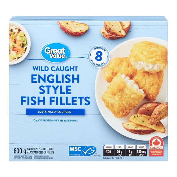 Great Value English Style Battered Fish Fillets, Frozen, 600 g