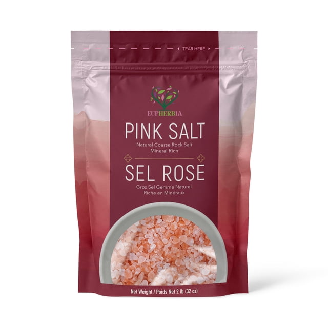 Eupherbia Sel Rose, Grossier, Non Transformé, Récolté à la Main, Riche en Minéraux, 907 g (32 oz) Sel Rose-Rose Grossier en Cristaux avec grains Irréguliers et Mouchetures Minérales Visibles; Sel de Finition Culinaire Certifié Casher Idéal pour la Cuisson, la Garniture Ou à Utiliser dans les Moulins à Gros grains.