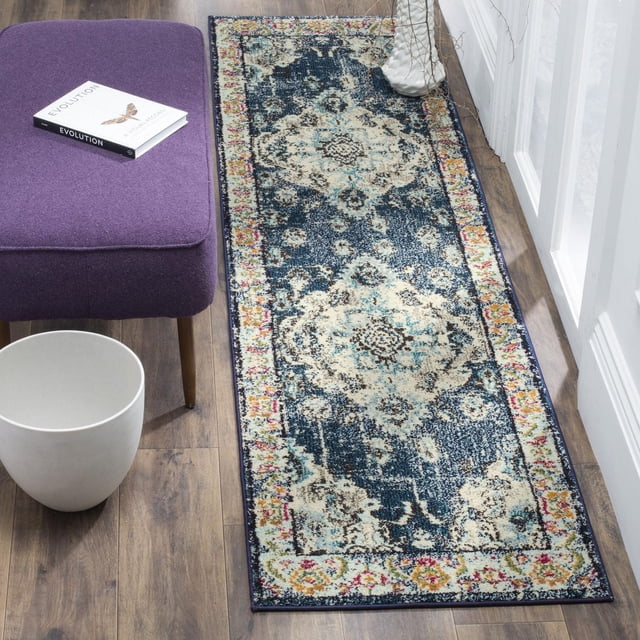Safavieh Monaco Toria Traditional Area Rug runner featuring a distressed Persian design in blue, cream, and multicolor tones, made of durable polypropylene pile, displayed on wood flooring beside a purple bench and white planter, ideal for hallways or entryways.