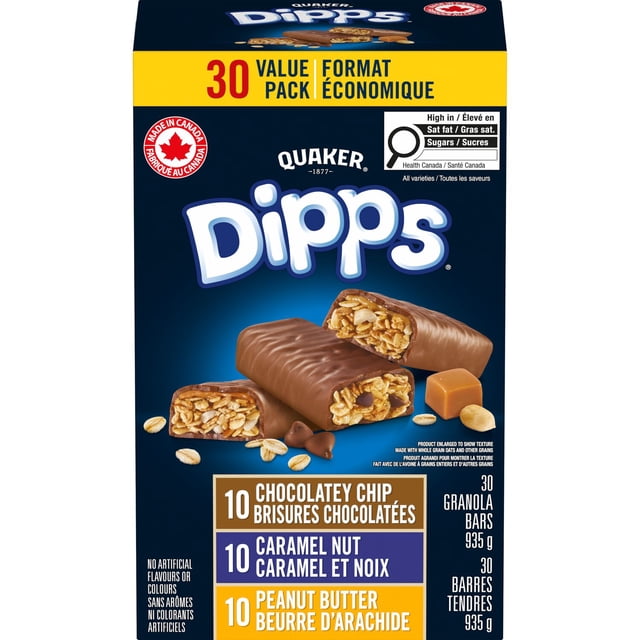 Quaker Dipps Granola Bars Variety Pack containing 30 chocolate-coated granola bars in chocolatey chip, caramel nut, and peanut butter flavours. Bars show whole grain oats, nuts, caramel, and chocolate chips. Made in Canada with no artificial colours or flavours, suitable for quick snacks or on-the-go energy.