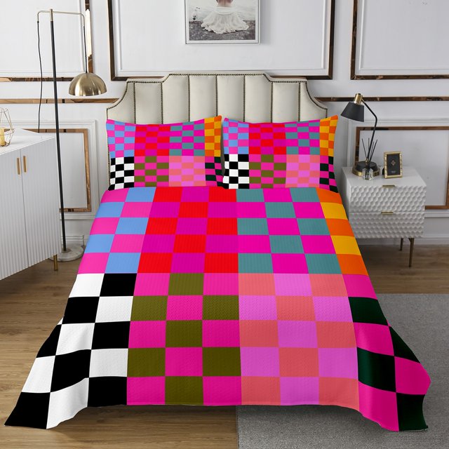 Erosebridal Vintage Checkered Coverlet Set Queen, Square Geometric Bedding Set, Buffalo Check Decor